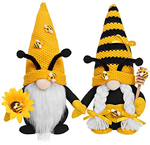CRCZK Bumble Bee Gnome Plush - Mr and Mrs Honeybee Spring Gnomes Plushie Ornaments -Scandinavian Tomte Elf World Bee Day Decor, Swedish Dwarf Figurine Table Shelf Tiered Tray Decorations bee gnome