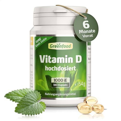 Vitamin D, 1000 IE, hochdosiert, 180 Kpseln - OHNE künstliche Zusätze | Gut Für Knochen, Zähne, Immunsystem, Hohe Bioverfügbarkeit, Laborgeprüft, Ohne Gentechnik, Glutenfrei, Laktosefrei