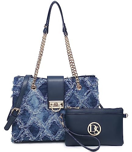 Dasein Hobo Sac à main en cuir vegan avec chaîne pour femme, Jean, Medium