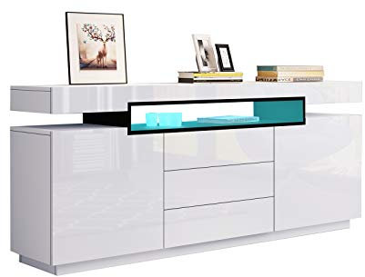 LED Sideboard Hochglanz Buffet Schrank Vitrine 160cm TV Einheit Stand 2 Türen 3 Schubladen für Wohnzimmer Möbel Weiß