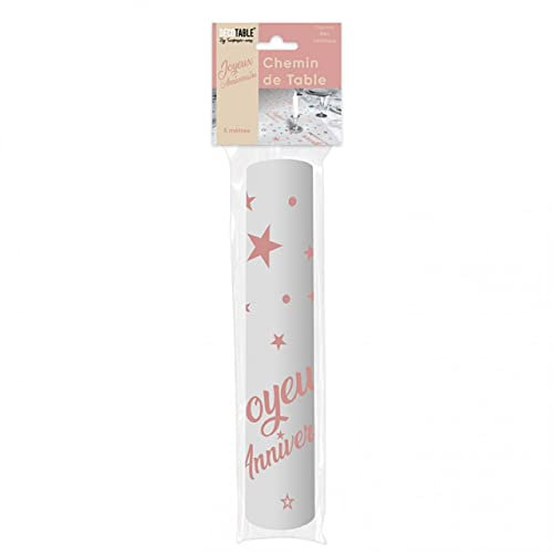 Chemin de Table Joyeux Anniversaire 5 metres Metallise Couleur - Organza Transparent Brillant et Rigide - 500 x 28 cm (Rose Gold)