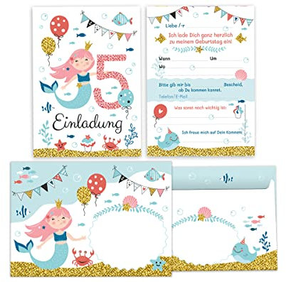 Minkocards 12 Einladungskarten incl. 12 Umschläge zum fünften Kindergeburtstag 5. Geburtstag Mädchen Meerjungfrau bunte Einladungen zum Geburtstag Kinder Einladungsset