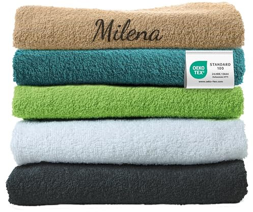 Handtuch mit Namen Bestickt, Oeko-TEX® Standard 100 - Personalisiertes Badetuch aus nachhaltiger Baumwolle mit gesticktem Namen oder Wunschtext (50 x 100 cm, Weiß)