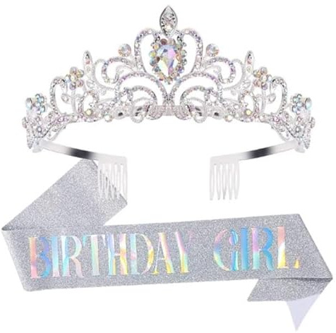 DRESHOW Geburtstagskrone und Schärpe für Damen Geburtstagskönigin Schärpe & Strass Tiara Set Geburtstag Tiaras und Schärpen für Mädchen Geburtstag Dekorationen Haarschmuck Glitter Schärpe für Party