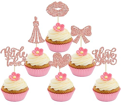 24Pcs Bride to Be Cupcake Toppers Glitter Love You Bow Tie Lip Princess Cupcake Picks Bridal Shower Cake Decorations for Wedding Engagement Bachelorette Supplies Rose Gold