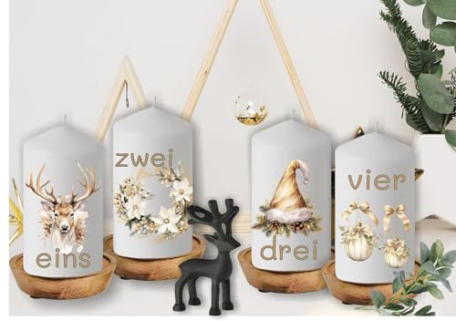 wolga-kreativ moderne bedruckte Adventskerzen Kerzen mit Zahlen Rentier Laterne Stumpenkerze-n Adventsset als Geschenk oder für eigenen Adventskranz