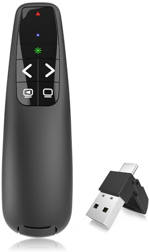 Pointeur de présentation Clicker Remote, Lumière Verte Ergonomique Telecommande Présentateur sans Fil Pointeur pour Présentateur USB-A/C pour Démonstration pour Présentation, Enseignement, Conférence