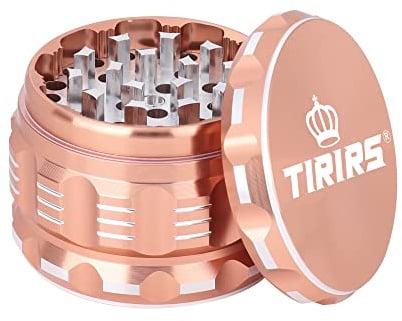 TIRIRS 2.5 Inches 4 Pieces Premium Herb Grinder - Aluminium Large Spice Grinder with Pollen Catcher, Comes with Pollen Scraper and Cleaning Brush, Rose Gold