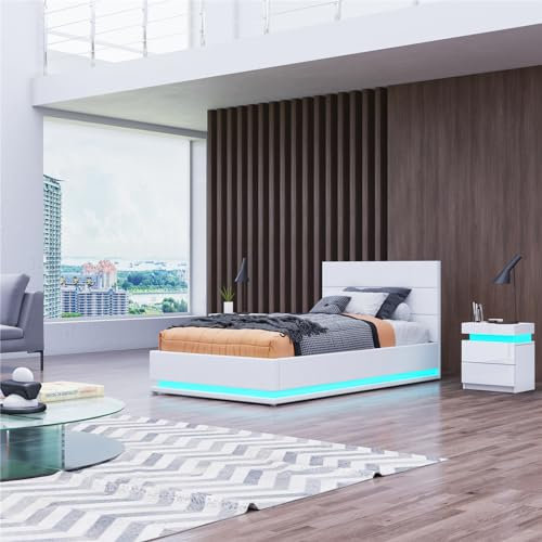 Gas Lift Ottoman Storage Bed,3FT Single Bed Frame with Storage, Ottoman Bed with LED Lights, Faux Leather (White, Single)