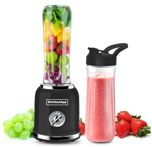 KitchenApp - Batidora retro para hacer smoothie (2 botellas, 300 W, sin BPA), color negro