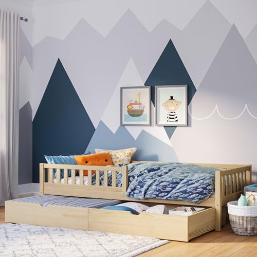 Bellabino Kinderbett Vils 90x200 cm mit Schublade, Einzelbett inkl. Lattenrost aus Kiefer Massivholz, Kinder Bett mit Rausfallschutz, Bett 90x200 in Natur lackiert