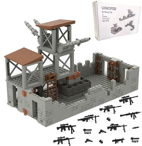 UINOFER Militär Szene Baustein Set, DIY Militärbasen Architektur Modell, WW2 Militärische Wachsames Haus Architektur, Kompatibles 75387 Zubehör (Army Base)