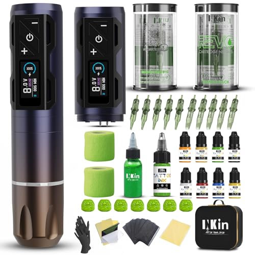 INKin Tattoo Maschine Set, CL4 Kabelloser Tattoo Maschine mit Zweiten 1800mAh Akku Stromversorgung, 4.0 Hublänge Tattoo Pen mit Tattoo Nadeln Set und Tattoo Ink für Tattoo Künstler und Anfänger