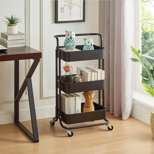 Direct Online Houseware 3-Tier Storage Cart Rolling Trolley, Durable Metal Utility Shelves (Black)