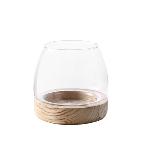 Aquarium Mini Kreative runde Glasflasche for kleine Fische im japanischen Stil, ökologische Flasche for den Schreibtisch, Mikrolandschafts-Glasflasche mit Holzsockel Per l'allevamento di pesci rossi(N