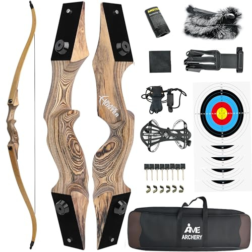 60 Black Hunter Recurve-Bogen Holz-Takedown-Bogen für Rechts-/Linkshänder für Erwachsene Amerikanischer Jagd-Langbogen 20-60 lbs für Bogenschießen, Jagd