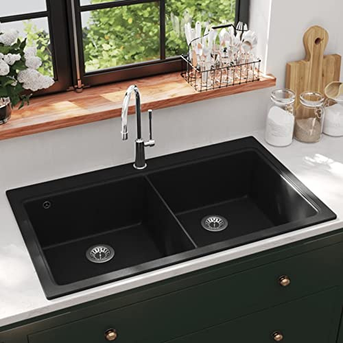 Gecheer Lavandino Cucina Doppio, Profondo con Montaggio da Incasso, 860 x 510 mm, Granito Nero in Quarzo e Resina, Lavabo per Cucina Moderna