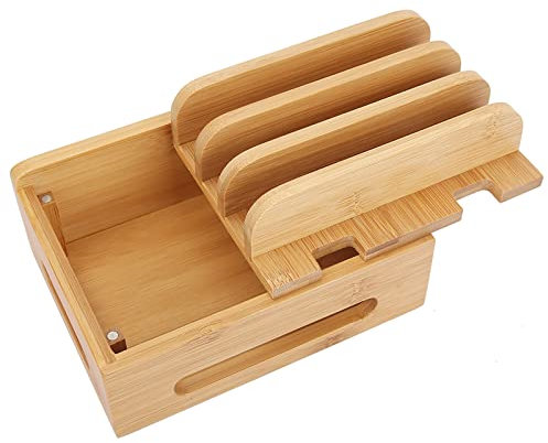 Tissting Ladestation Organizer für Mehrere Geräte, Holz Handy Schreibtisch Docking Tragbarer Tablet Computer Organisator Aufbewahrungsbox für Heimbüro