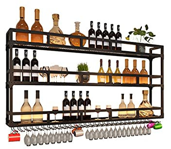 Estante de vino de metal negro montado en la pared con estantes flotantes, soporte personalizable para copas de vino para botellas de licor, elegante decoración de bar para el hogar, cocina,