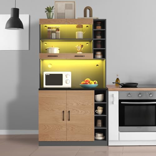Merax Armoire de cuisine, buffet avec éclairage LED, buffet de cuisine en bois, grand espace pour micro-ondes, autoportant, naturel, 100 x 47 x 187 cm