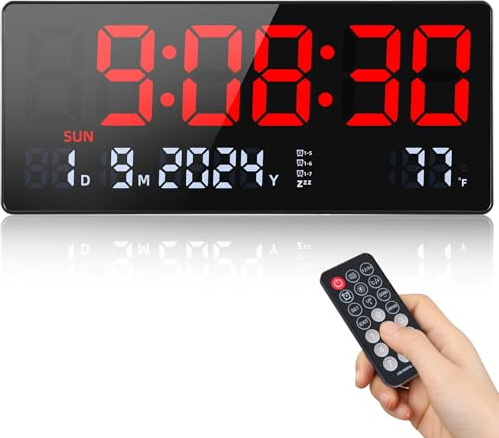 Fuloon Digital Wall Clock, 15.5 inch Large Display with Remote Control | LED Digital Clock with Seconds Date Week Temperature for Living Room, Kitchen, Garage, Office and Classroom (Red)