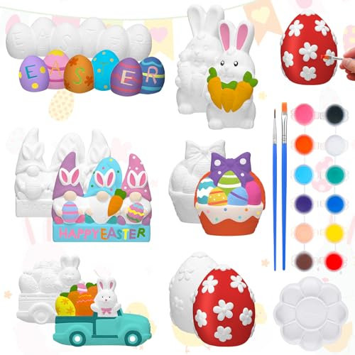 Marsui 6 Pcs Easter Ceramics to Paint Ceramic Easter Egg Bunny Ready to Paint Easter DIY Figurines Kit Unpainted Easter DIY Art and Craft with Brush Palette Paint for Adults Happy Easter Table Decor