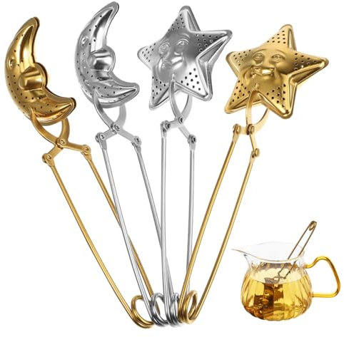 Tofficu Unique Star Moon Shape Tea Strainer 4 Pack Metal Tea Infuser Handle Easy to Use Loose Leaf Tea Steeper