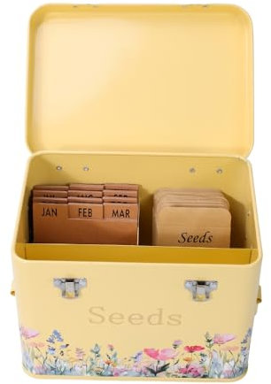Metal Garden Seed Storage Box with Monthly Dividers and 12 Seed Envelopes, 22.5 x 16.2 x 17 cm (Buttercream)