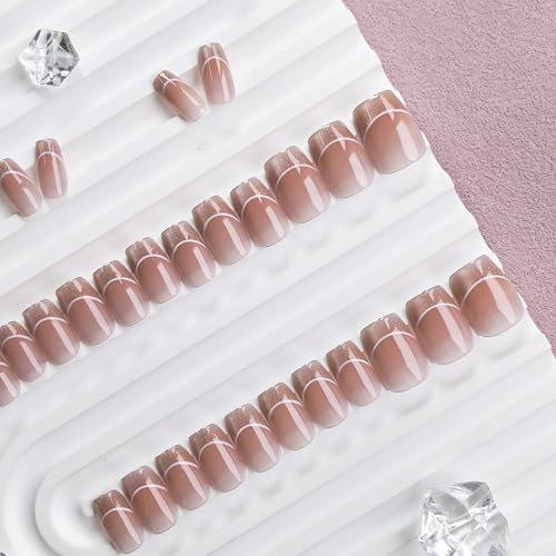 KQueenest Cat Eye Press on Nails Short Coffin, Bling French Tip Short False Nails with Glue, Sparkly Nude Pink Fake Nails Press ons, Reusable Soft Gel Stick on Nail for Women Summer, 30 Pcs