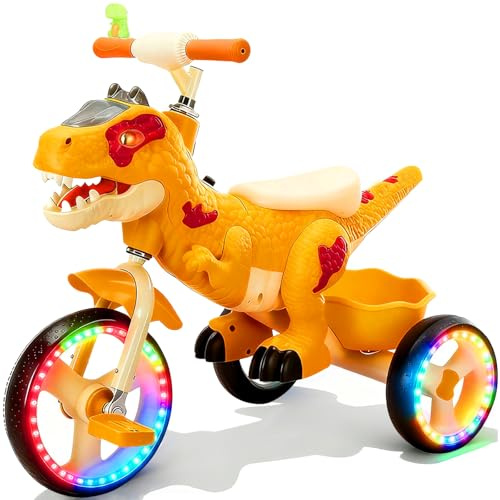 NMM Laufrad Dreirad, Dreirad ab 2 Jahre, Dinosaurier Spielzeug mit Musik Licht und Fahrradhupe Kinder, Laufrad ab 2, 3, 4, 5, 6, 7, 8 Jahre(Orange leuchtendes Rad)
