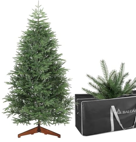 SALCAR Premium Künstlicher Weihnachtsbaum 180 cm – 100 % PE-Spritzguss, realistischer Stamm, schwer entflammbar, Stabiler Massivholzständer, inkl. Aufbewahrungstasche