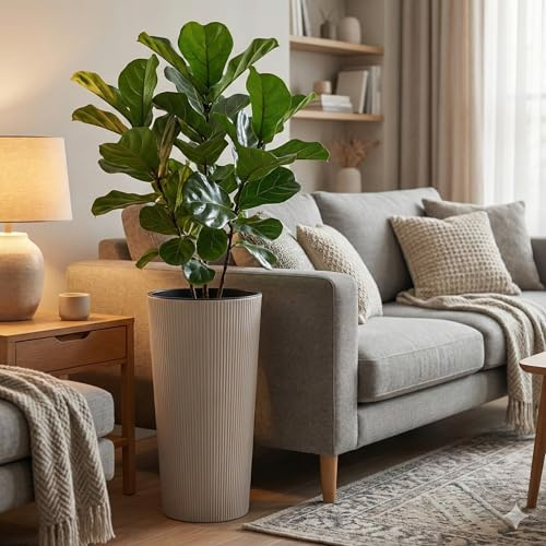 Modern Tall Ribbed Planter – 25cm, 30cm diameter Cylindrical Flower Pot for Indoor & Outdoor Plants – Durable, Weather-Resistant & Lightweight – Grey/White/Taupe colours (Coffee(Latte), 25cm x 46 cm)