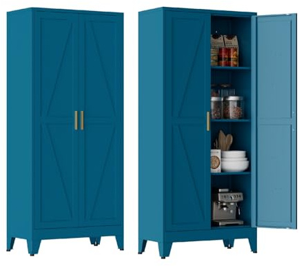 MetaCate lnov Mehrzweckschrank 70 cm Breit, Küchenschrank mit 2 Türen, Verstellbarer 4-Stufiger Metallschrank, Vorratsschrank, Allzweckschrank, für Küche, Esszimmer, Wohnzimmer und Homeoffice-Blau-D