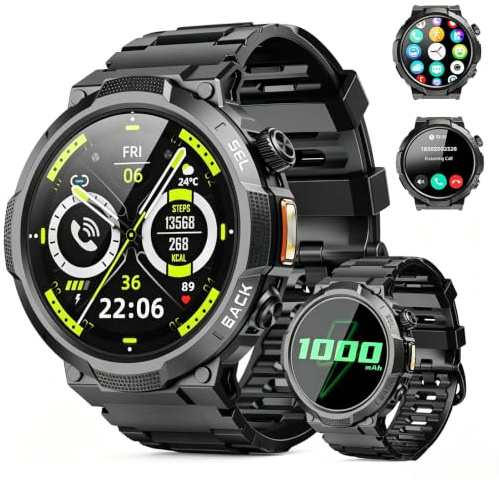 Smartwatch Uomo Militare, Orologio Smartwatch 1.53 con Chiamate Bluetooth, 100+ Modalità Sportive, Batteria 1000 mAh, Monitoraggio Sonno e Cardiofrequenzimetro, Torcia e Bussola per IOS/Android