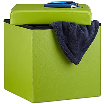Relaxdays Folding Ottoman 38 x 38 x 38 cm Sturdy Storage Chair Pouf and Footstool, Faux Leather Box, Removable Lid, Green
