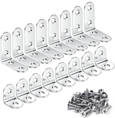 Teenitor 16 Pcs Corner Bracket - 8 Pack 40x40mm + 8 Pack 20x20mm 90 Degree Right Angle Brackets Fastener Stainless Steel L Shaped Corner Braces with 48 Pcs Screws Brace Corner Steel Joint Silver