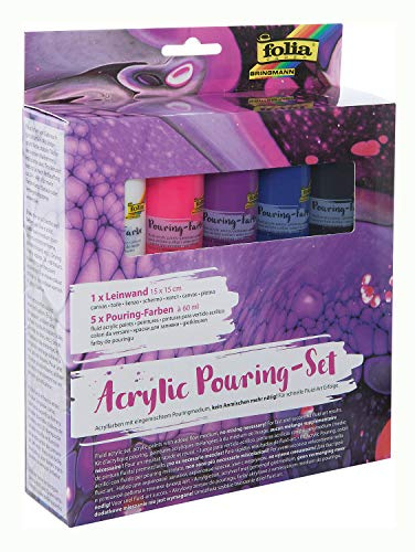 folia 351119 - Acrylic Pouring Set I Intensiv, mit 5 Pouring Farben á 60 ml und 1 Leinwand ca. 15 x 15 cm, Acrylfarben mit eingemischtem Pouringmedium