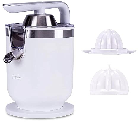 NEW CHEF - Exprimidor Eléctrico Zumo de Palanca Juicer Excellence Blanco (300W), 2 Tamaños Cono, con Función Antigoteo y ON/OFF Automático. Exprimidor Semiprofesional Desmontable y Fácil de Limpiar