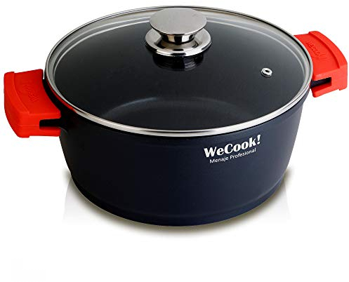 WECOOK! Ecostone Cazuela Alta Inducción con Tapa de Cristal 32cm, Antiadherente XTRA DUPON Ecológico sin PFOA, Aluminio Fundido, 5mm Espesor, 9cm Alto, Asas de Silicona, Vitrocerámica, Gas Negro