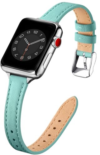 SUNFWR Compatible with Apple Watch Strap 38mm 40mm 41mm,Genuine Leather Strap Replacement,Slim&Thin Wristband for iwatch Series 7/6/5/4/3/2/1,SE(38mm 40mm 41mm,Tiffany blue&Silve)