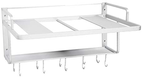 Estantería para horno de microondas con gancho, estante para horno de pared, espacio de aluminio de doble capa para colgar el horno de microondas Rack
