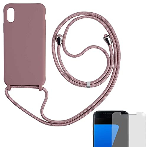Eximmobile Hülle mit Band + 9H Panzerfolie Kompatibel mit Apple iPhone 7/8 / SE 2020 in Rosa Handykette Rubber Handyhülle mit Kette für Smartphone Schutzhülle mit Kordel Case Matt