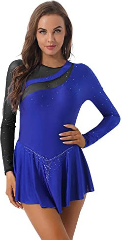 iEFiEL Damen Langarm Ballettkleid Eiskunstlauf Kleid mit Glitzer Kristallen Ballettkleidung Gymnastik Leotard Turnanzug Tanzkostüm Wh Schwarz + Blau M