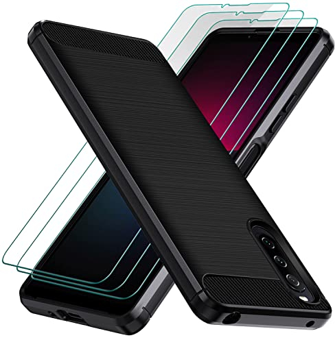 ivoler Hülle für Sony Xperia 10 IV mit 3 Stück Panzer Schutz Glas, Militärischer Stoßfest Handyhülle, Dünne Weiche TPU Silikon Kratzfest Schutzhülle Anti-Fingerabdruck Case, Schwarz