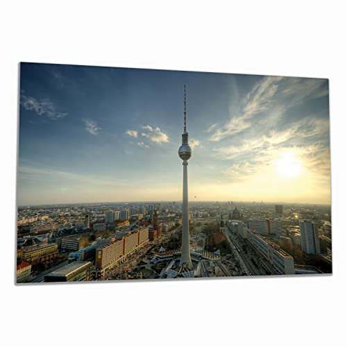 Wallario Herdabdeckplatte/Spritzschutz aus Glas, 1-teilig, 90x52cm mit 13mm hohen Füßen, für Ceran- und Induktionsherde, Fernsehturm Berlin mit Panoramablick über die Stadt