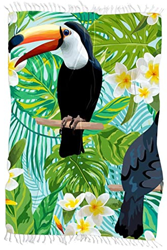 FANSU Strandtücher mit Fransen, Tukan Muster Strandtuch Schnelltrocknend Sandfrei Badetuch Groß Mikrofaser Leicht Handtuch für Meer Reisen, Gratis Aufbewahrungsbeutel (200x150cm,Monstera-Blätter)