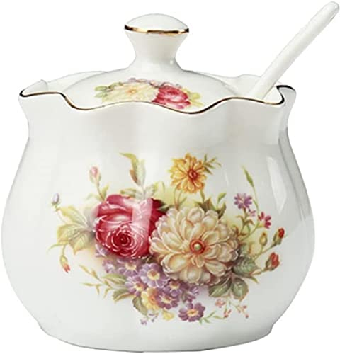 FülleMore Zuckerdose Gewürzdose aus Keramik Gewürzbehälter Gewürzgläser mit Deckel und Löffel Keramikdose Vorratsdose für Zucker Pfeffer Salz Gewürze (Rosenblumen)