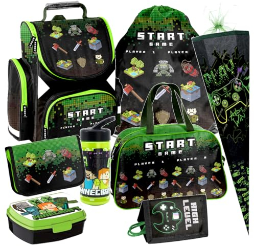 Minecraft Games Play Pixel 8 Teile Set Tornister Ranzen Schulranzen Tasche Federmappe Schultüte 85 cm mit Sticker-von-Kids4shop Schulrucksack