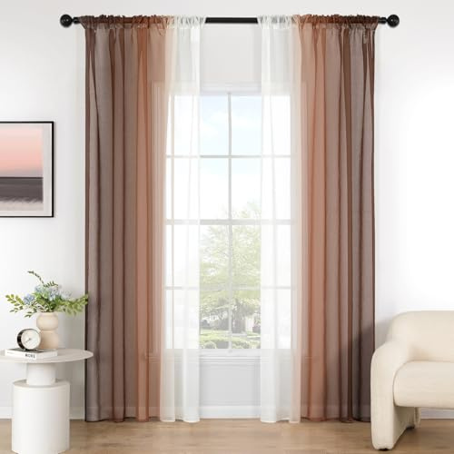 MIULEE Zweifarbige Voile Vorhänge Kräuselband 2er Hellkaffee 140x175cm | Zweifarbige transparente Voile Vorhänge mit Kräuselband, lichtdurchlässig, modern dekorativ für Wohn- und Schlafzimmer