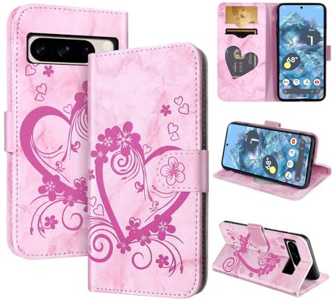 CASAFUNY Cover compatibile con Google Pixel 8 Pro, Premium Pelle PU Portafoglio Custodia Magnetica Flip Wallet Case Protettiva Caso con Kickstand Carte Slot per Google Pixel 8 Pro 5G, Rosa